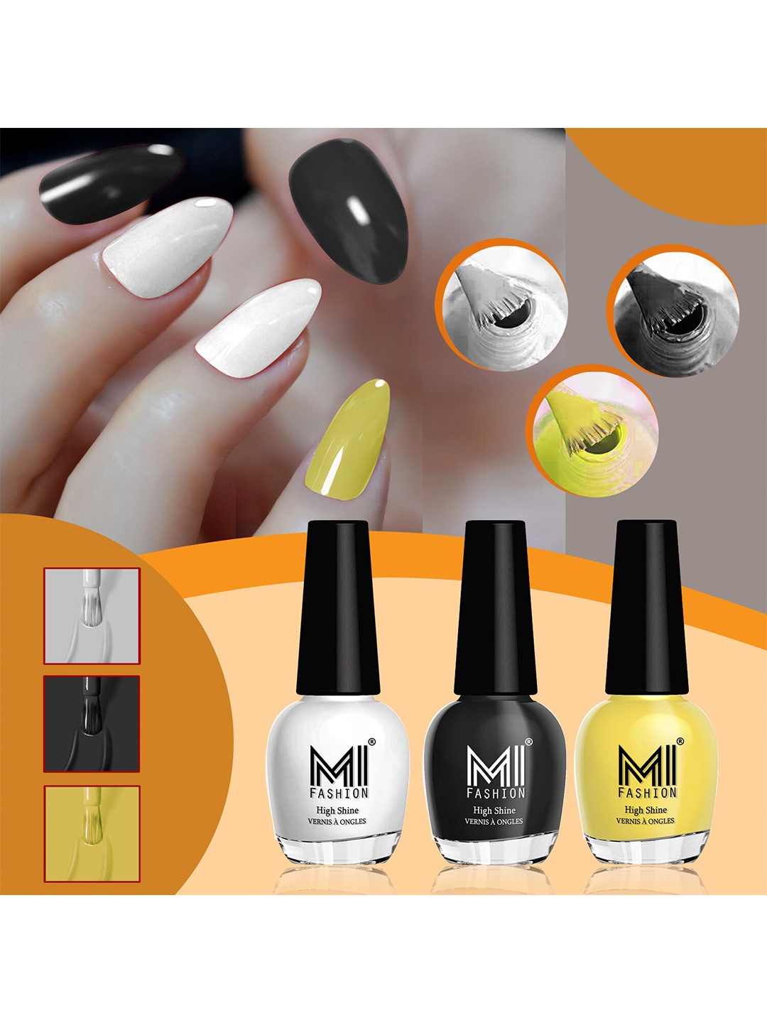 

MI FASHION Vernis A Ongles Set Of 3 High-Shine Nail Polish - MilkyWhite, JetBlack, Yellow, Black