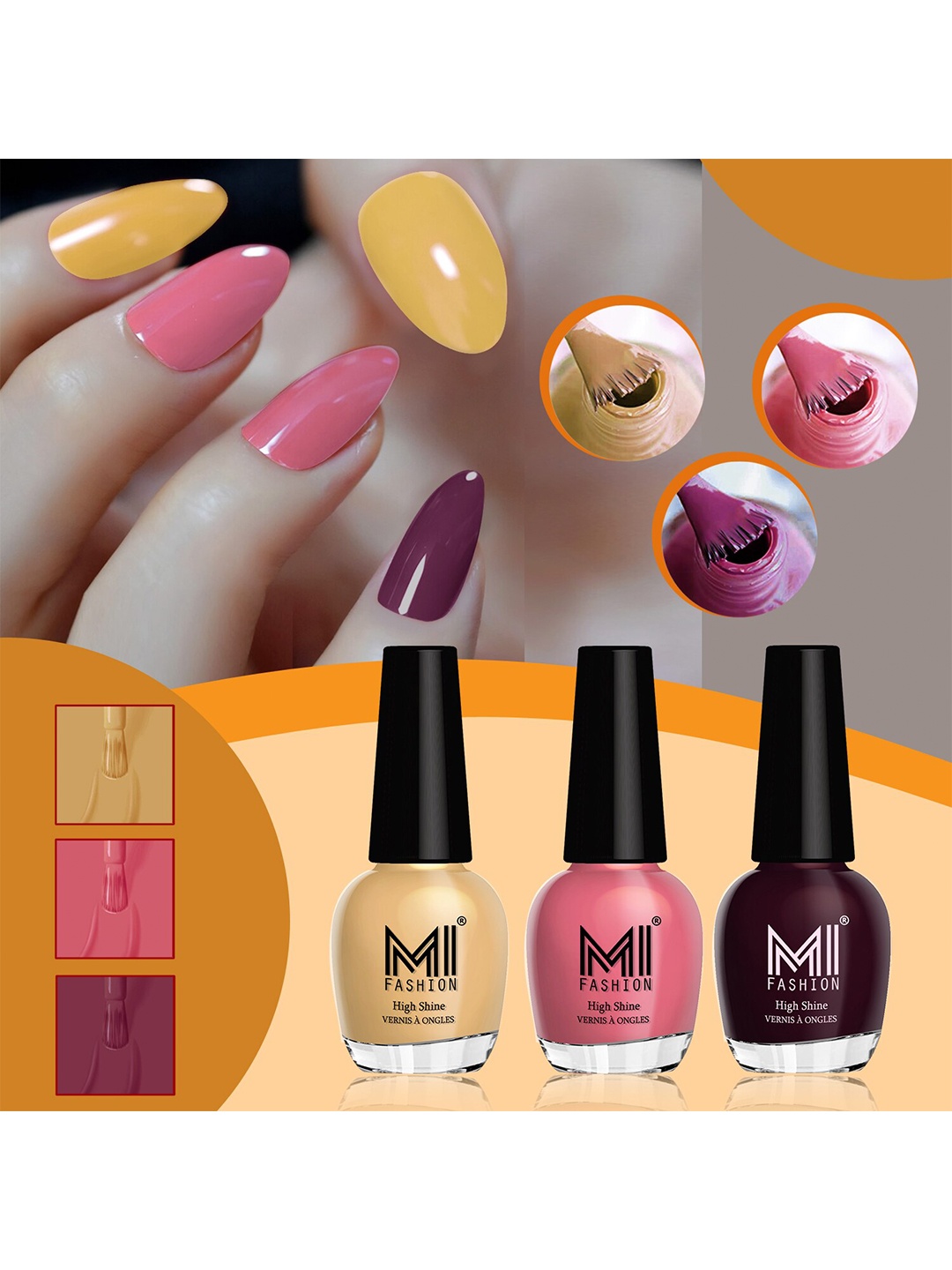 

MI FASHION Set Of 3 High Shine Long Lasting Glossy Nail Paints - 15ml Each, Mustard