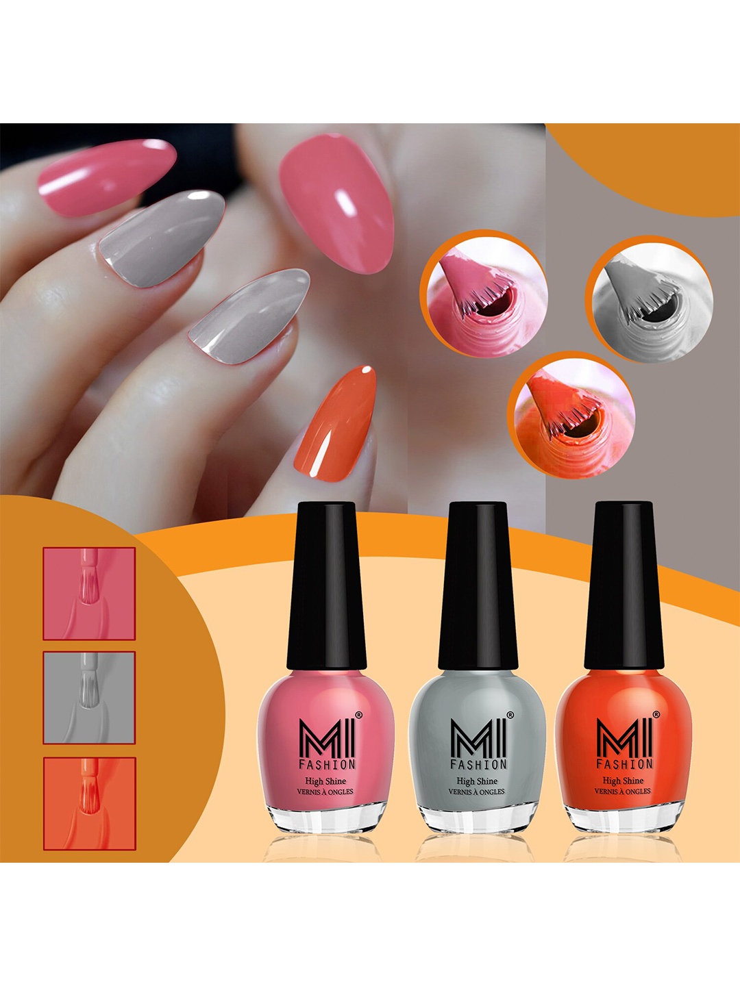 

MI FASHION Set Of 3 High Shine Long Lasting Glossy Nail Paints - 15ml Each, Pink