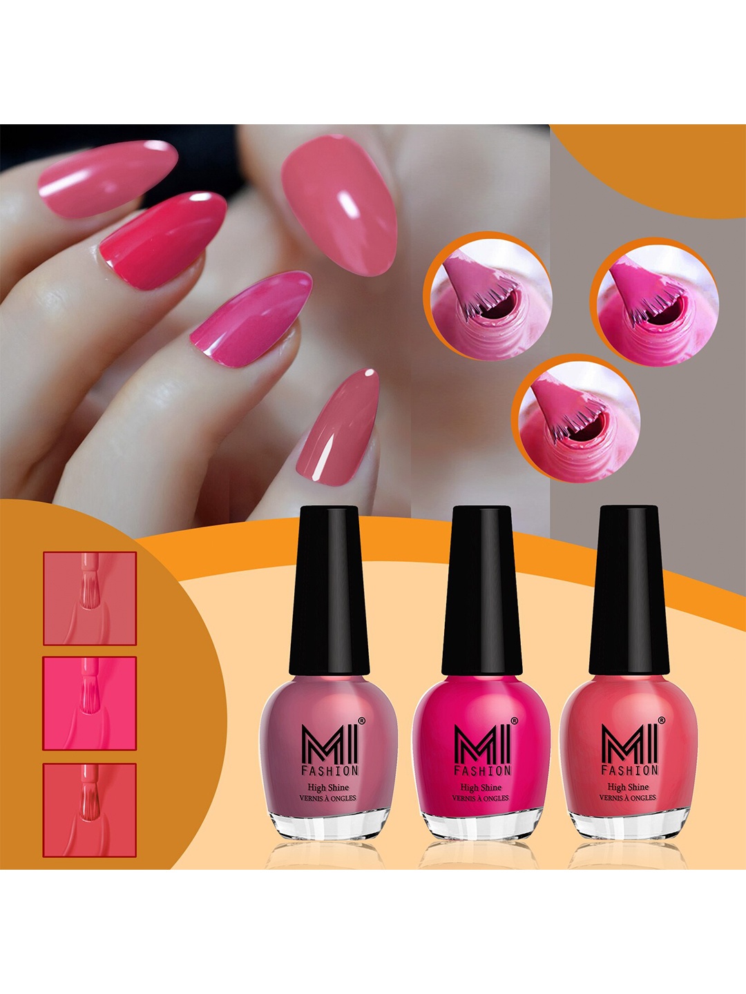 

MI FASHION Set Of 3 High Shine Long Lasting Glossy Nail Paints - 15ml Each, Pink