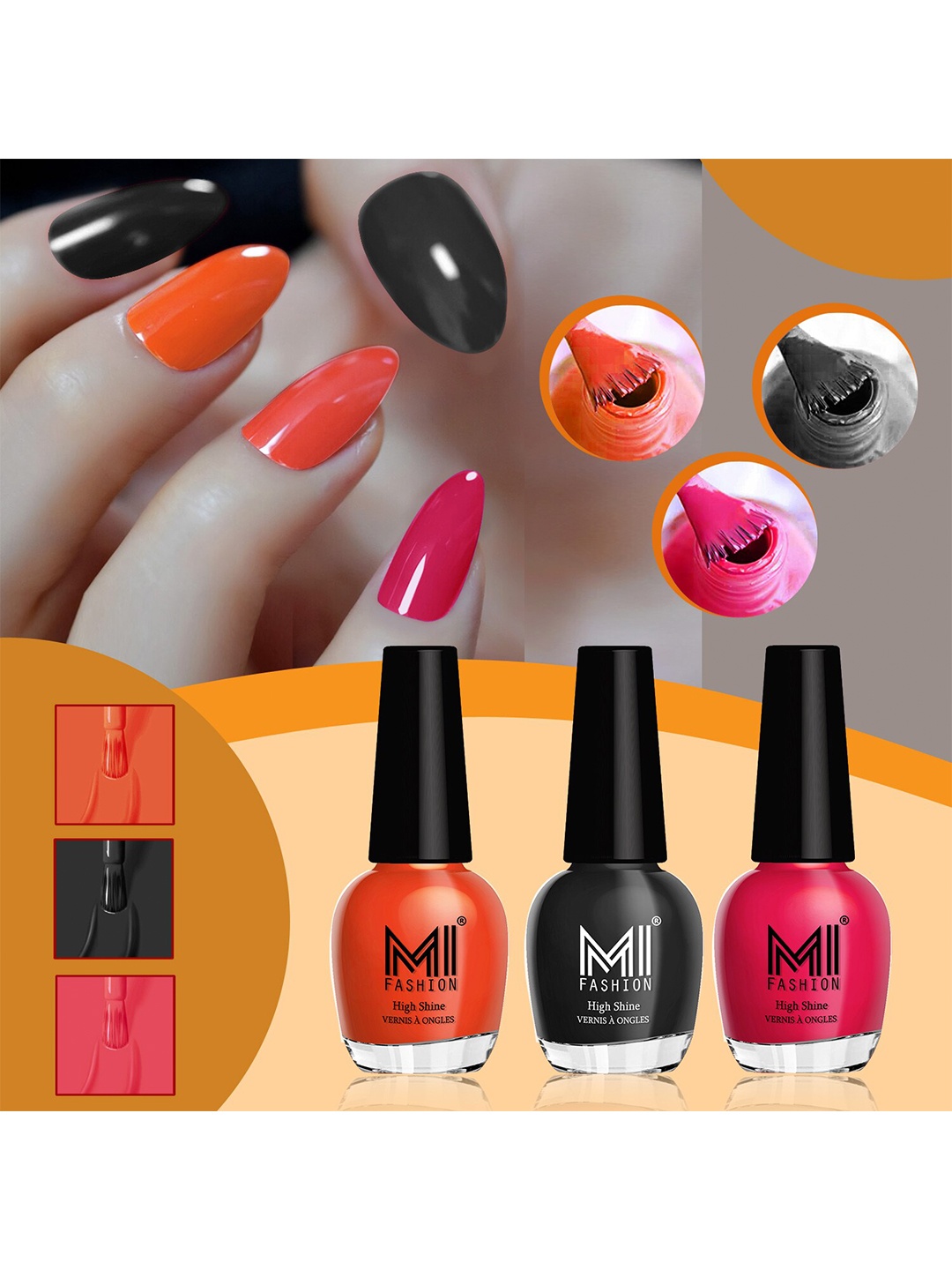 

MI FASHION Set Of 3 High Shine Long Lasting Glossy Nail Paints - 15ml Each, Pink