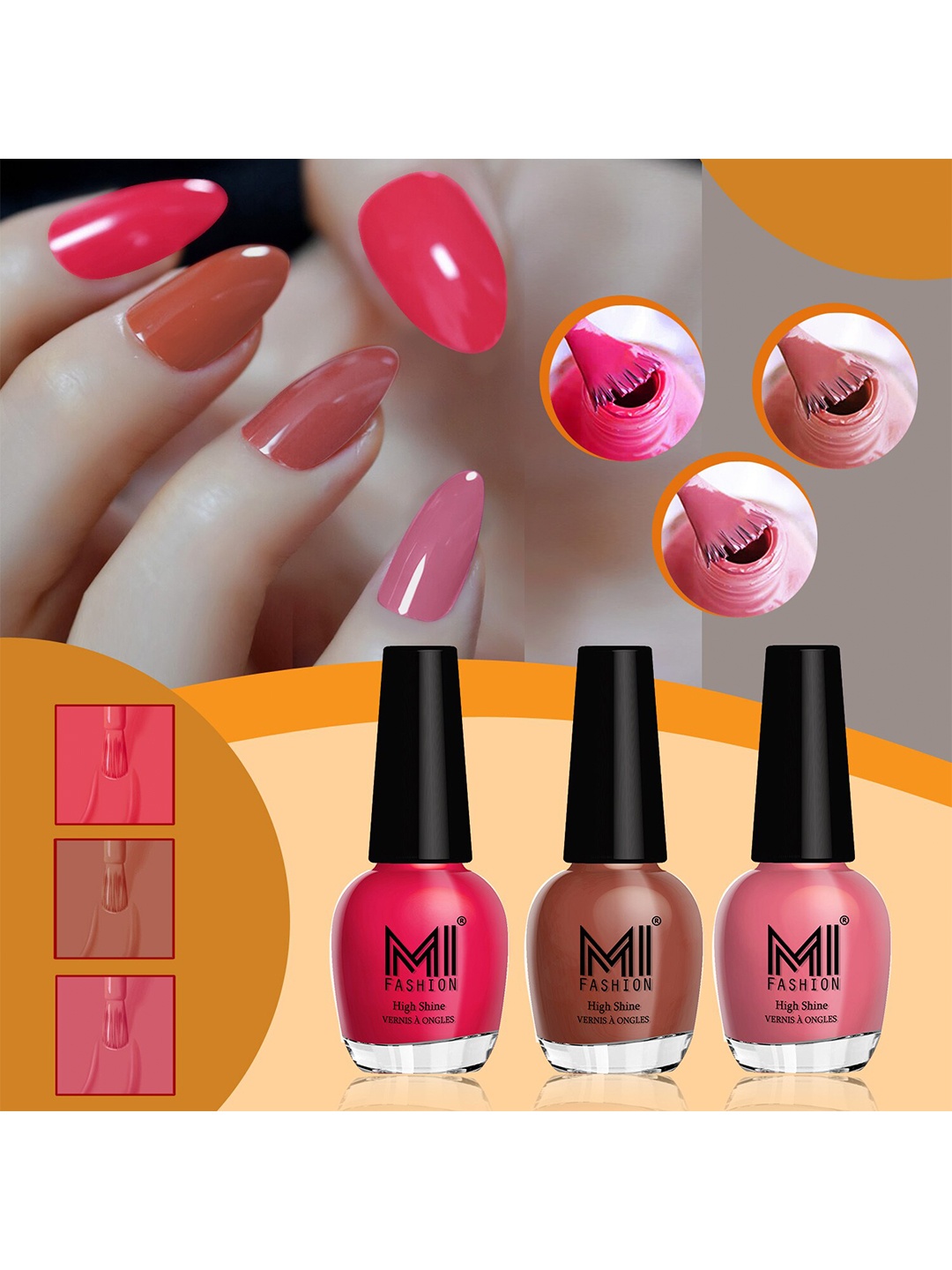 

MI FASHION Set Of 3 High Shine Long Lasting Glossy Nail Paints - 15ml Each, Brown