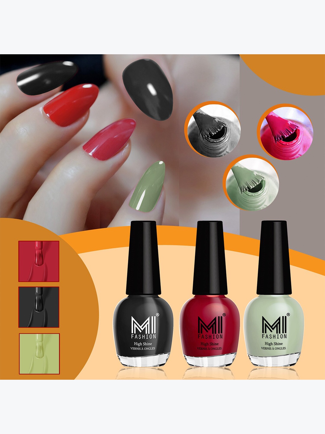 

MI FASHION Set of 3 High Shine Vernis A Ongles Nail Polish 15ml Each - 742, 703, 740, Black