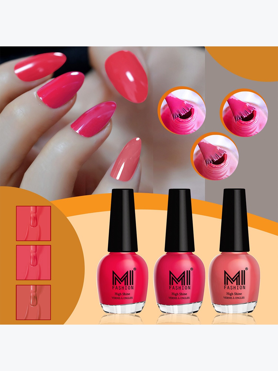 

MI FASHION Set of 3 High Shine Vernis A Ongles Nail Polish 15ml Each - 718, 717, 749, Coral