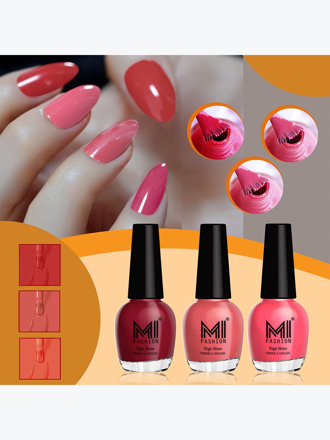 

MI FASHION Set of 3 Vernis A Ongles High Shine Long Lasting Shimmer Nail Paint - 15ml each, Pink