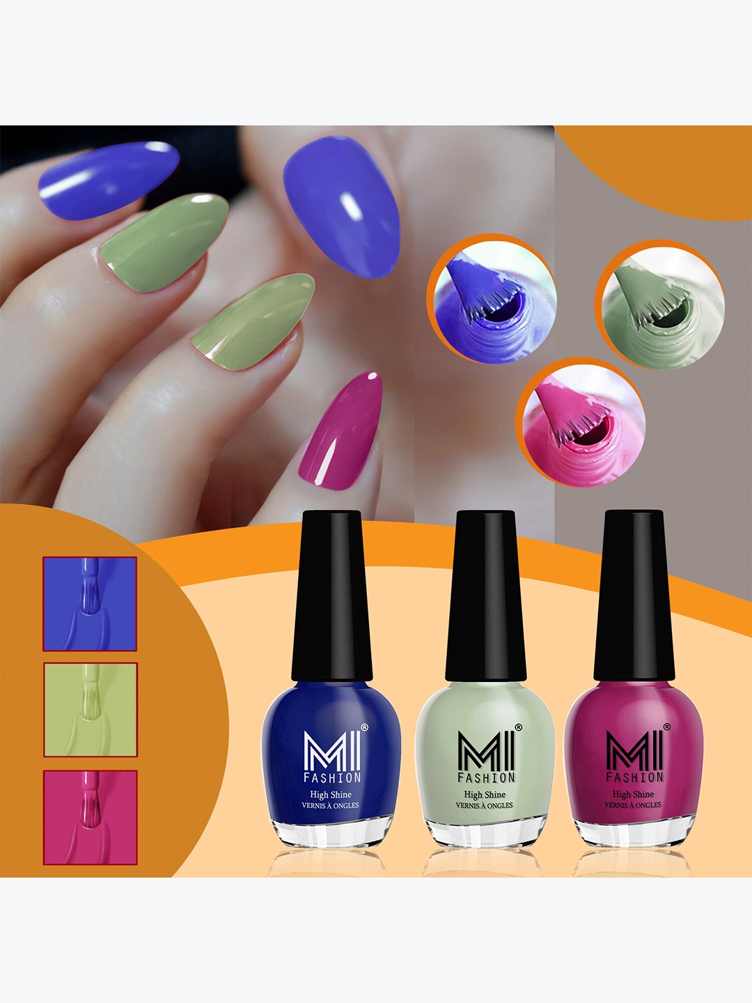 

MI FASHION Set of 3 Vernis A Ongles High Shine Long Lasting Shimmer Nail Paint - 15ml each, Blue
