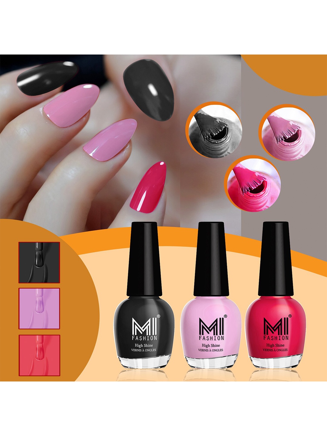 

MI FASHION Set of 3 Vernis A Ongles High Shine Long Lasting Shimmer Nail Paint - 15ml each, Pink