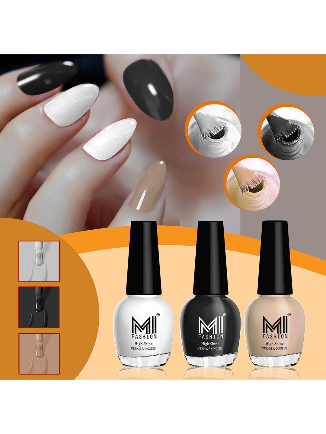 

MI FASHION Set of 3 High Shine Long-Lasting Nail Lacquer 15 ml Each -Milky White 701 - Jet Black 703 - Skin Nude 763