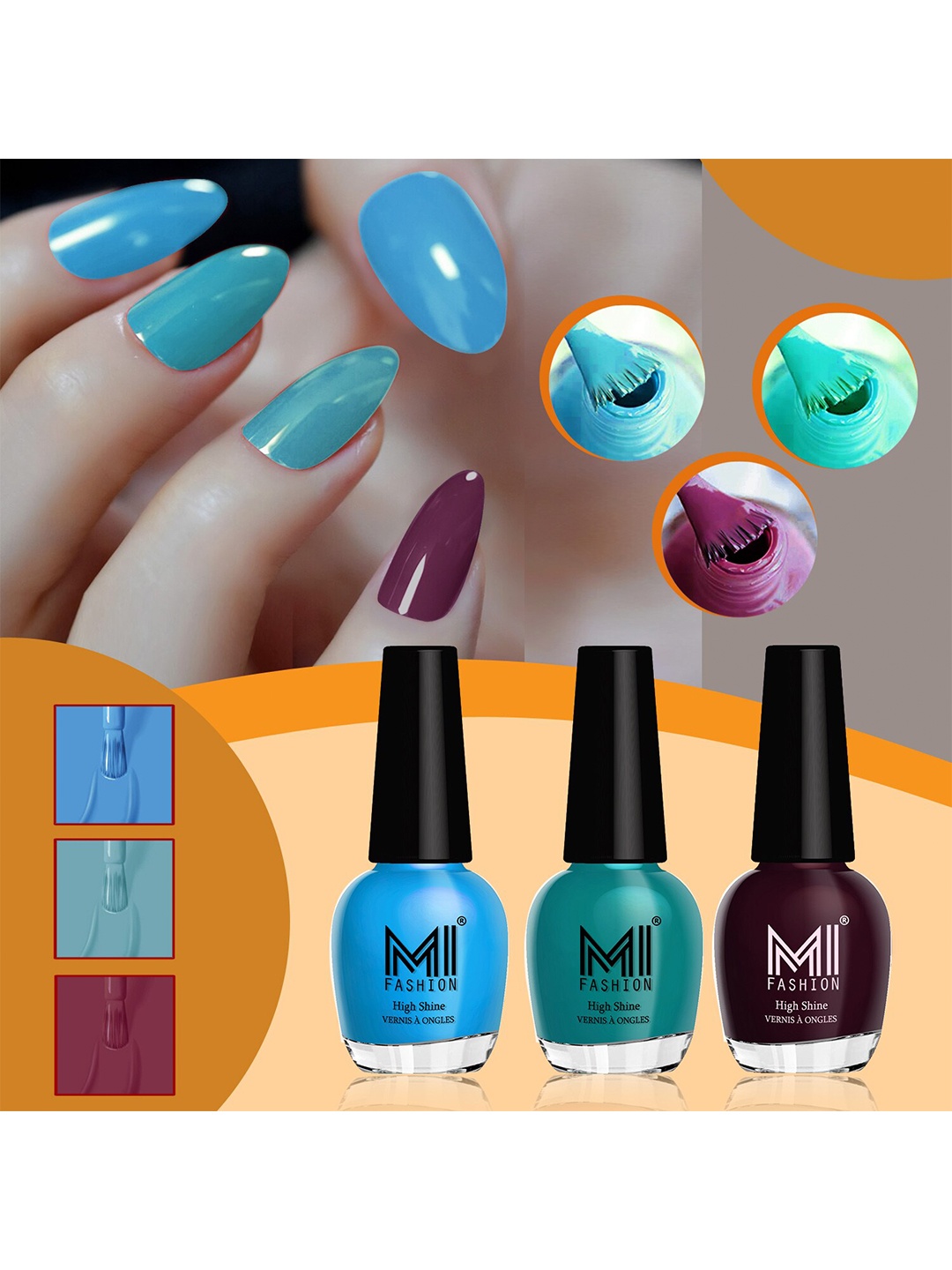 

MI FASHION Set of 3 High Shine Long-Lasting Nail Lacquer 15 ml Each -Ocean Blue 725 - Sea Green 726 - Wine Maroon 744