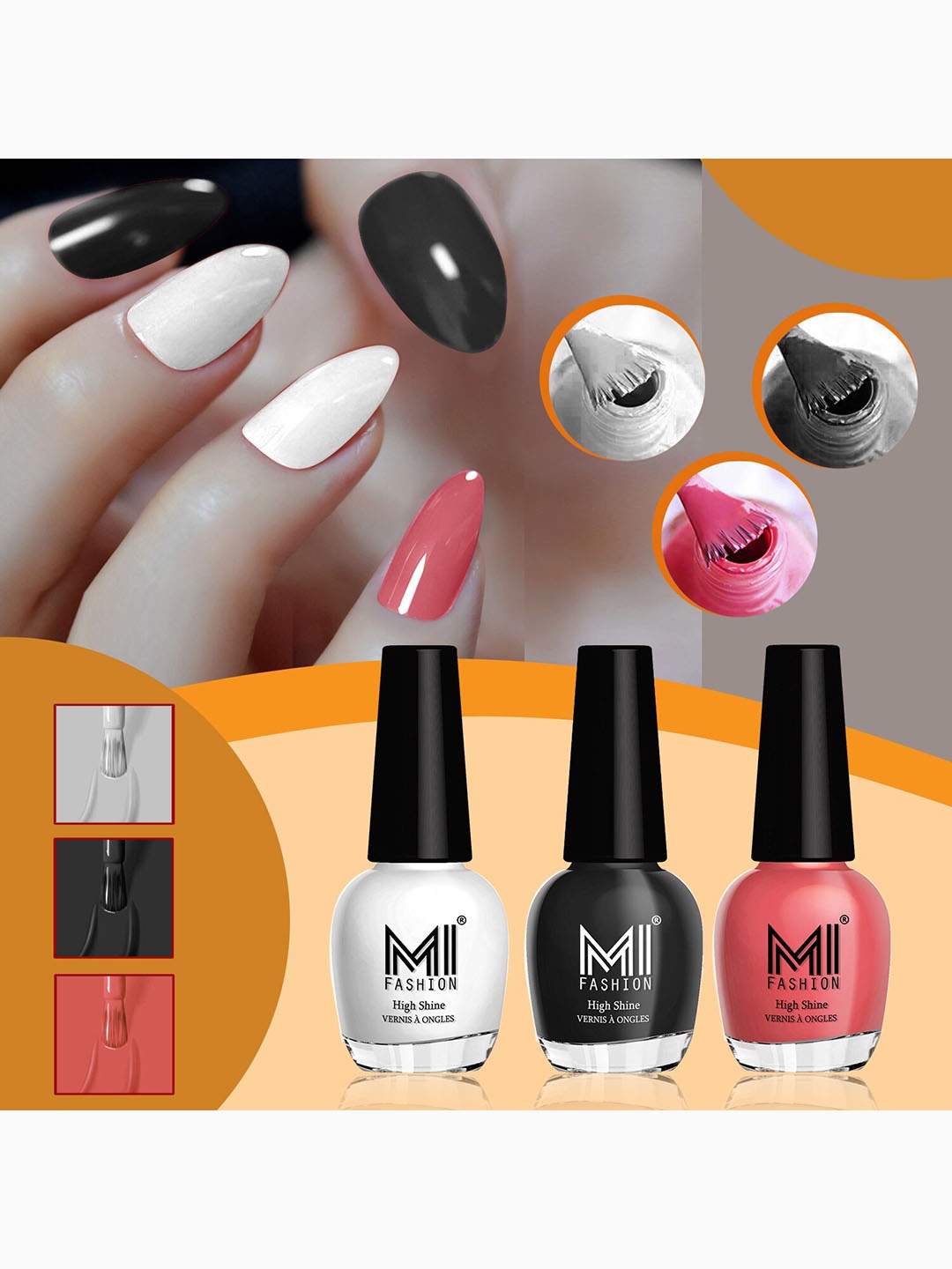 

MI FASHION Set of 3 High Shine Long-Lasting Nail Lacquer 15 ml Each -Milky White 701 - Jet Black 703 - Peach Crush 749