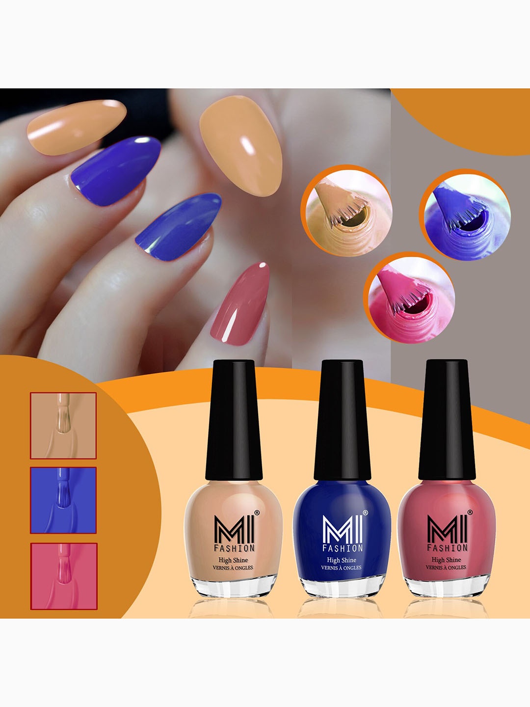 

MI FASHION Set of 3 High Shine Long-Lasting Nail Lacquer 15 ml Each -Sweet Nude 765 - Royal Blue 766 - Tan 721