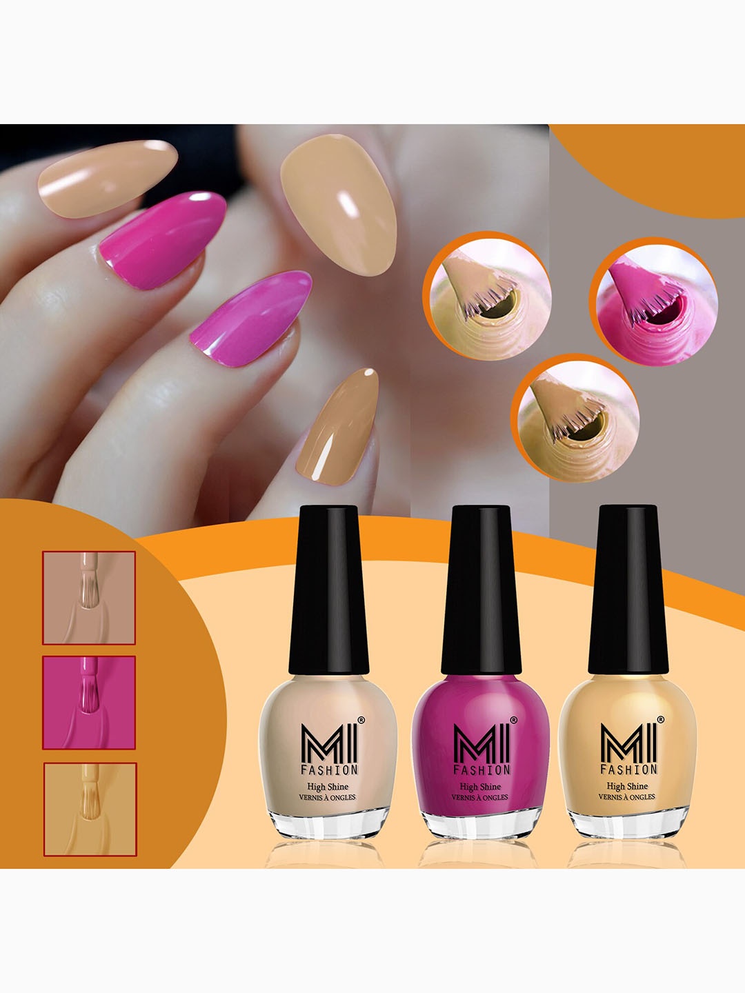 

MI FASHION Vernis A Ongles Set Of 3 High Shine Long Lasting Glossy Nail Polishes - 15 ml Each, Nude