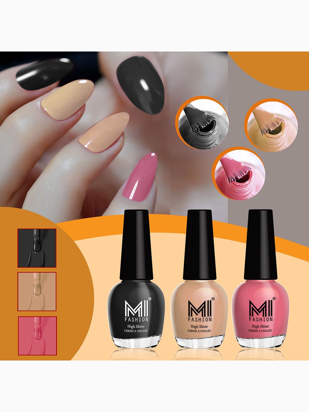 

MI FASHION Vernis A Ongles Set Of 3 Ultra HD Shine & Long Lasting Glossy Nail Polishes - 15 ml Each, Nude