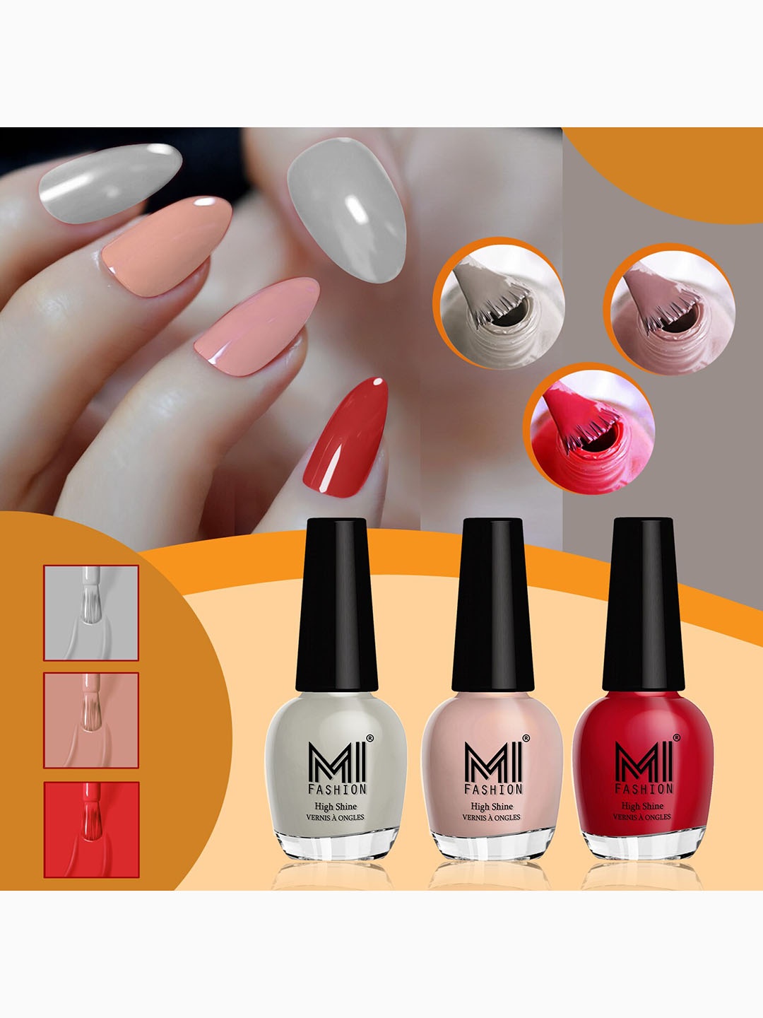 

MI FASHION Vernis A Ongles Set Of 3 Ultra HD Shine & Long Lasting Glossy Nail Paints - 15 ml Each, Nude