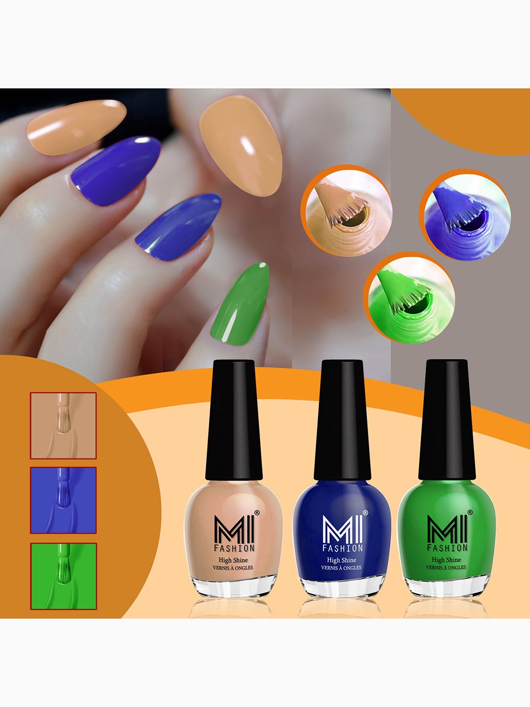 

MI FASHION Vernis A Ongles Set Of 3 Ultra HD Shine & Long Lasting Glossy Nail Polishes - 15 ml Each, Green