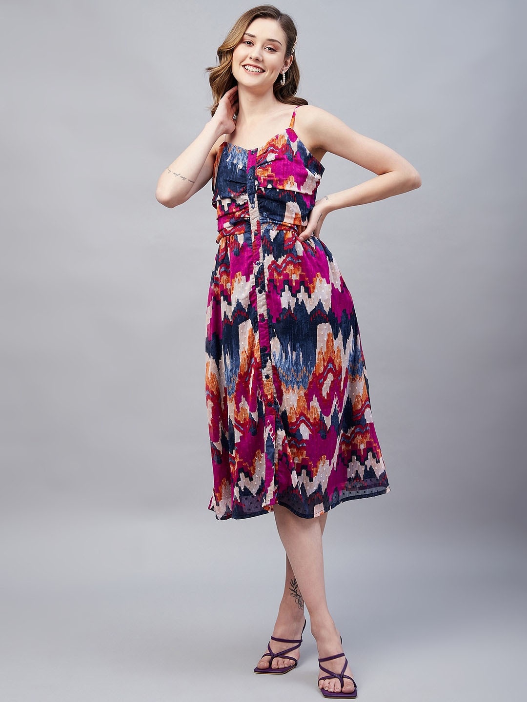 

Carlton London Shoulder Straps Abstract Printed Smocked Chiffon Fit & Flare Midi dress, Rose