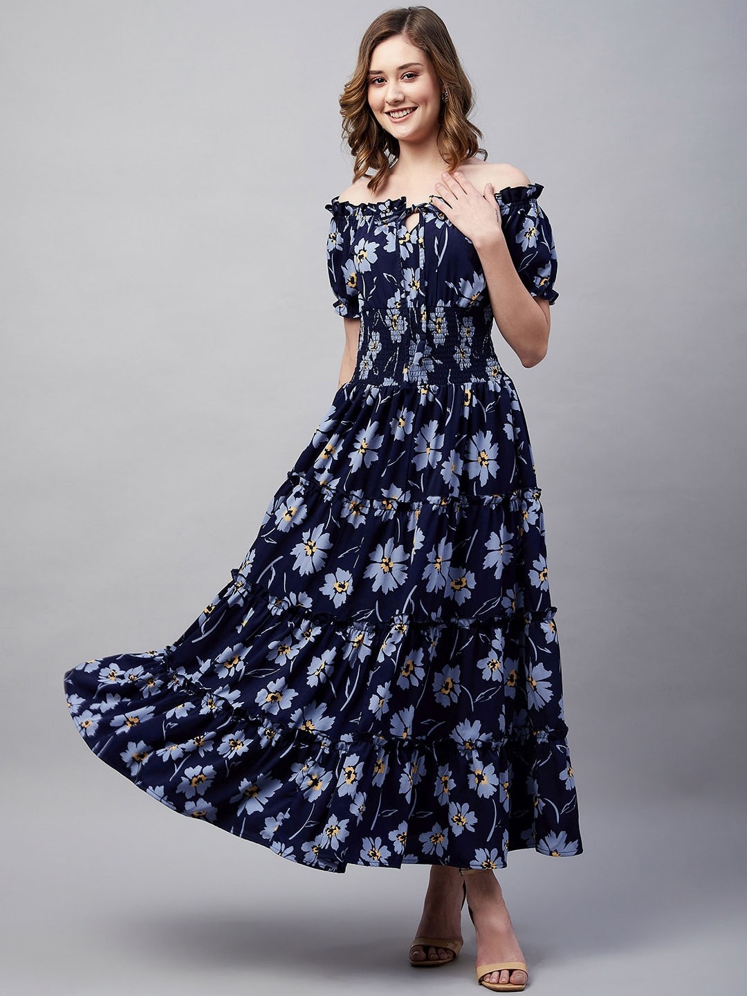 

Carlton London Floral Printed Smocked Off-Shoulder Crepe Maxi Dress, Navy blue