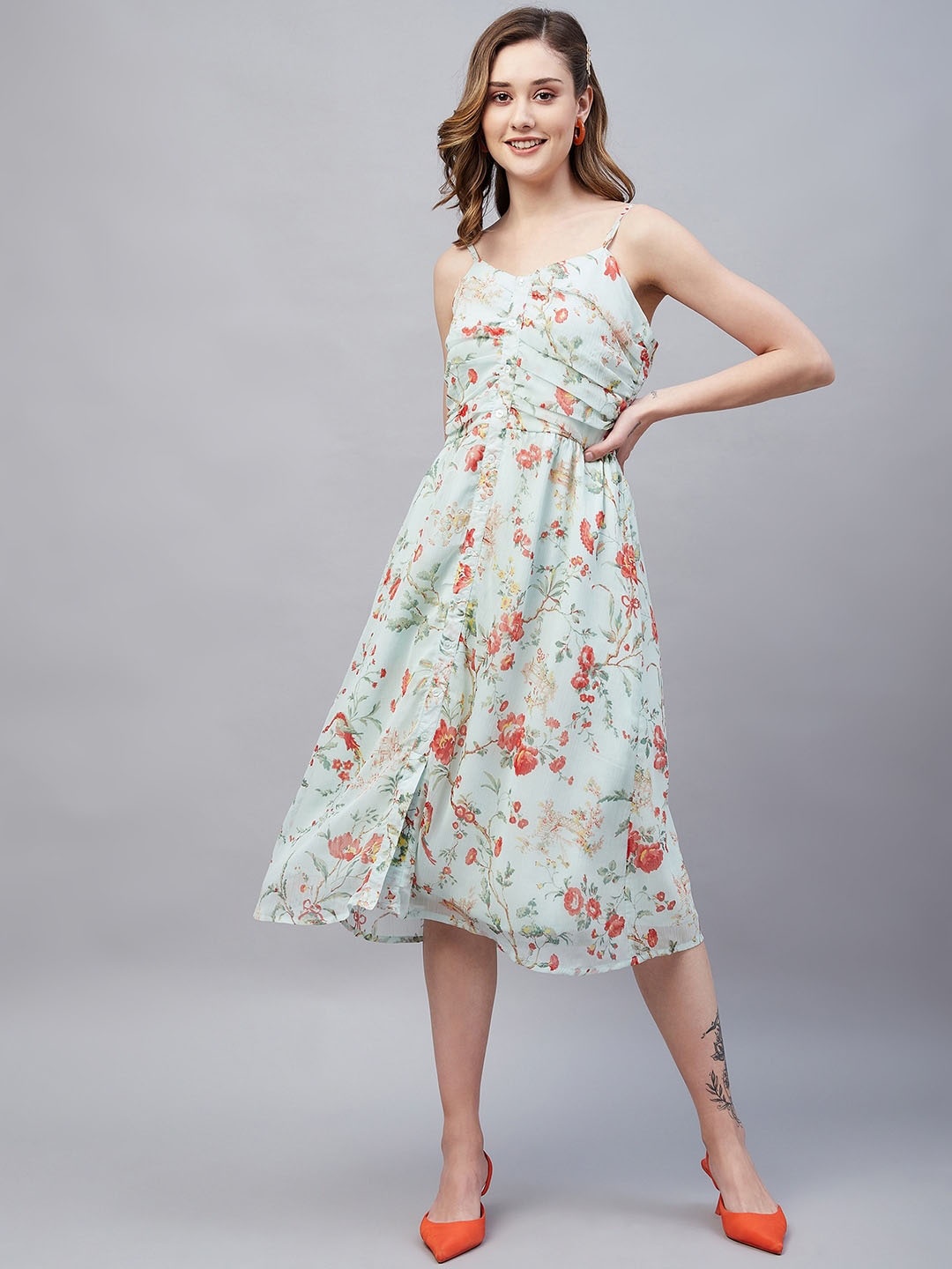 

Carlton London Floral Shoulder Straps Chiffon A-Line Midi Dress, Sea green