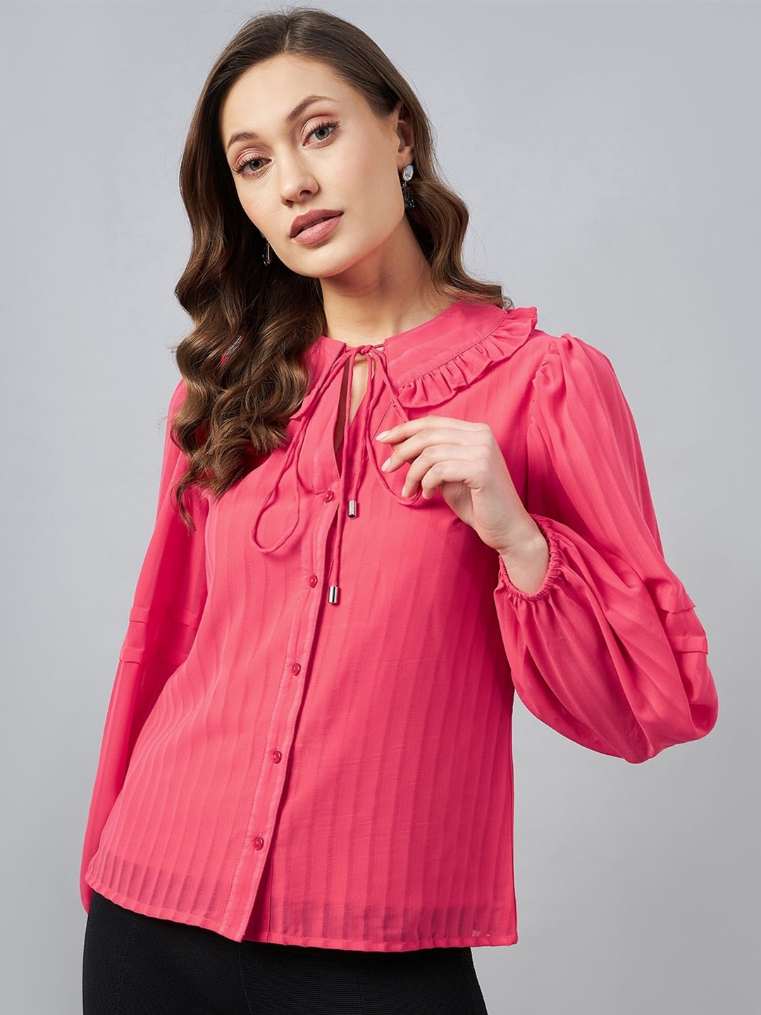 

Carlton London Tie-Up Neck Ruffles Georgette Shirt Style Top, Red