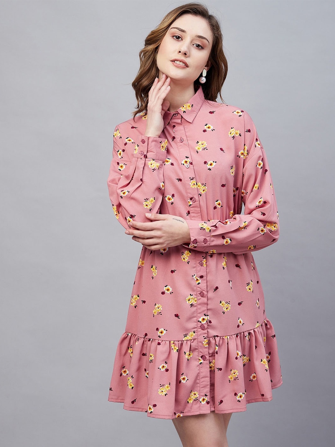 

Carlton London Shirt Collar Floral Georgette Shirt Dress, Peach