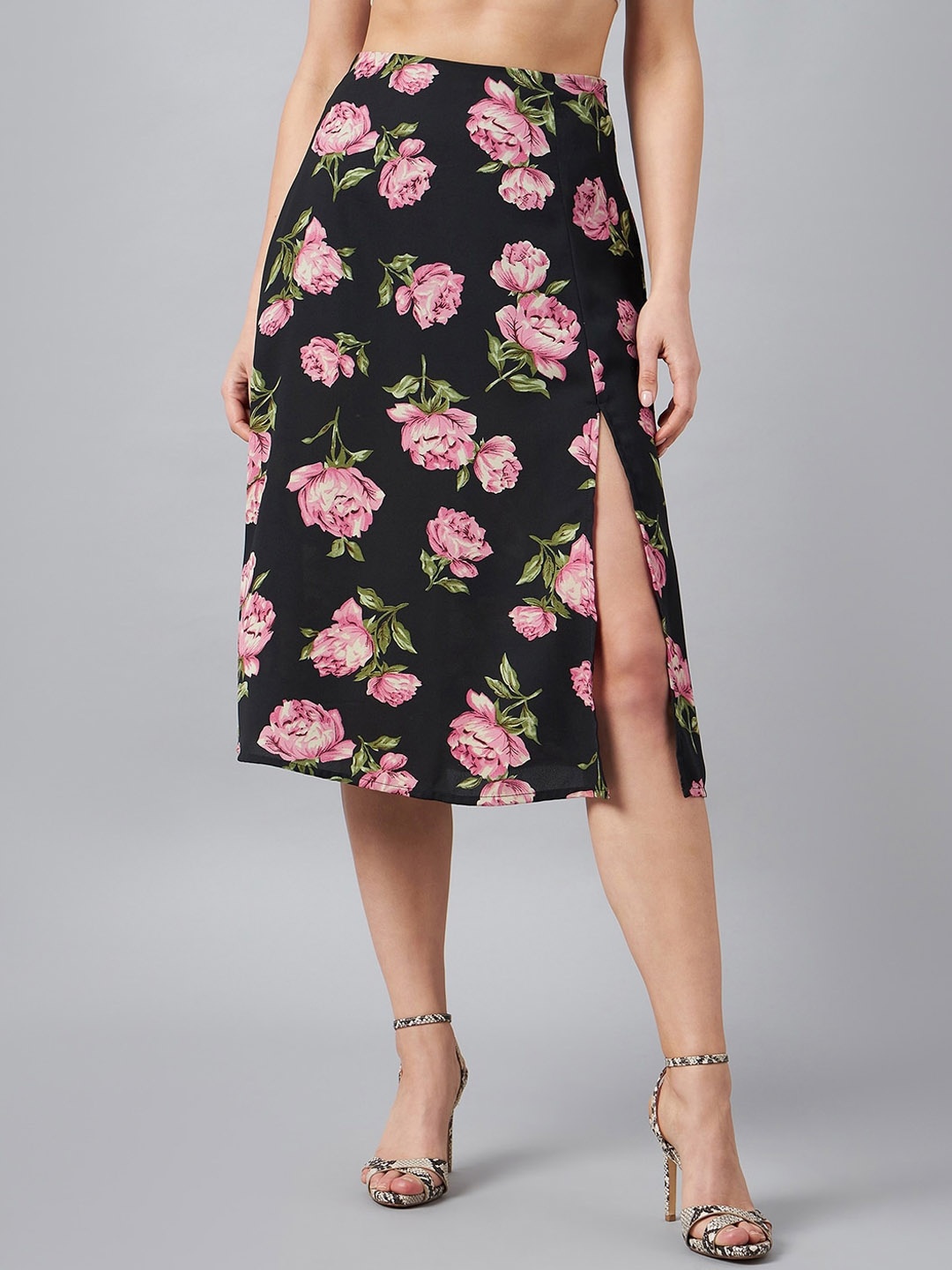 

Carlton London Floral Printed A-Line Slit Midi Skirt, Black