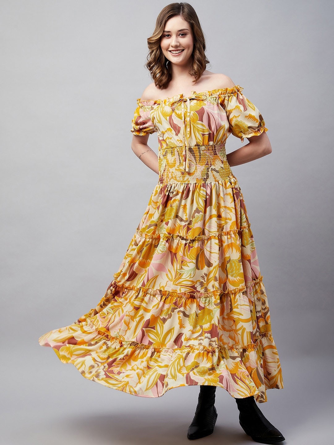 

Carlton London Floral Printed Smocked Off-Shoulder Crepe Maxi Dress, Mustard