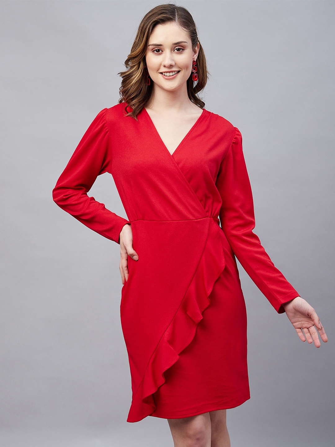 

Carlton London Ruffles V-Neck Long Sleeves Wrap Dress, Red