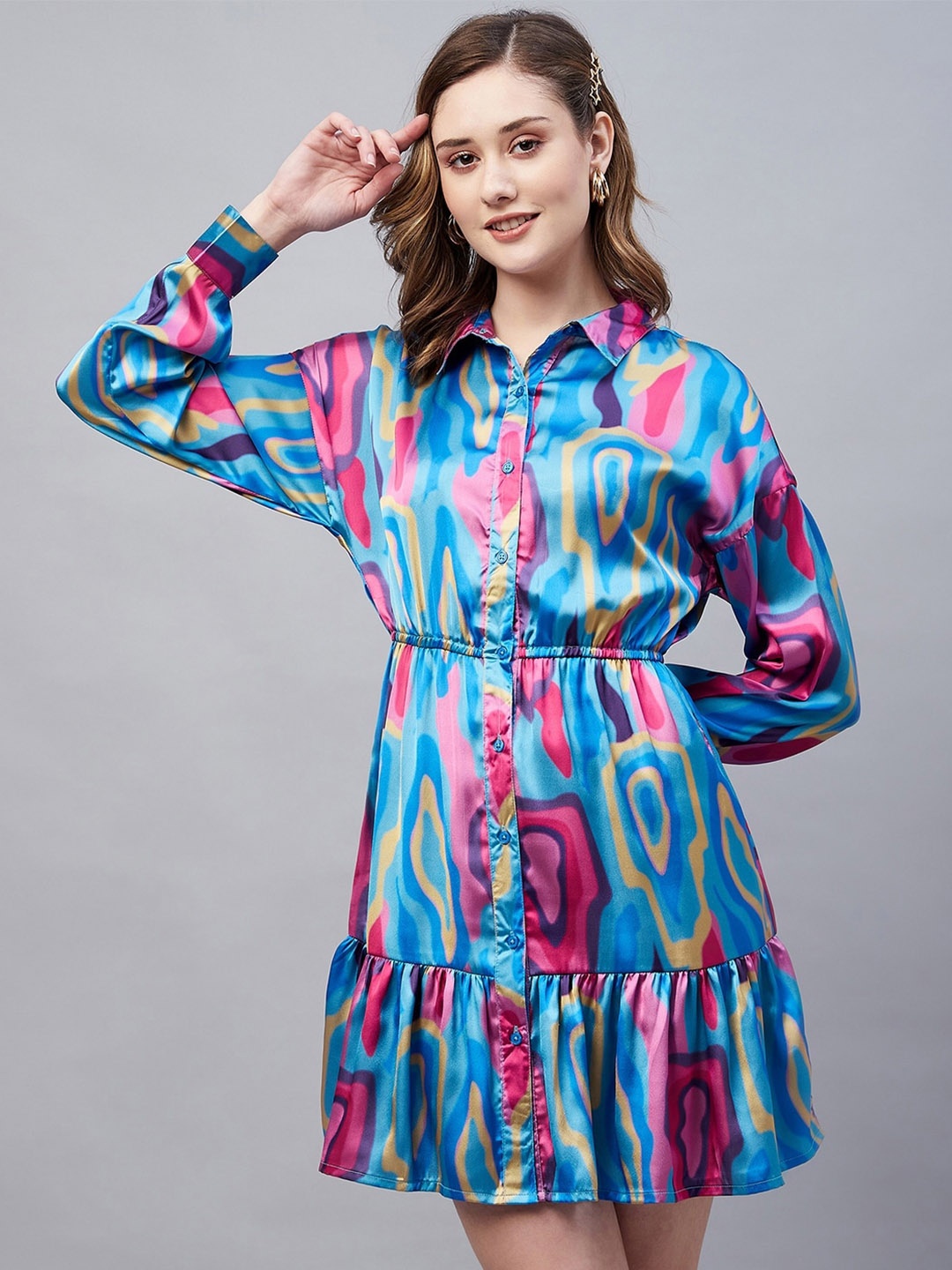 

Carlton London Printed Cuffed Sleeves Shirt Dress, Blue