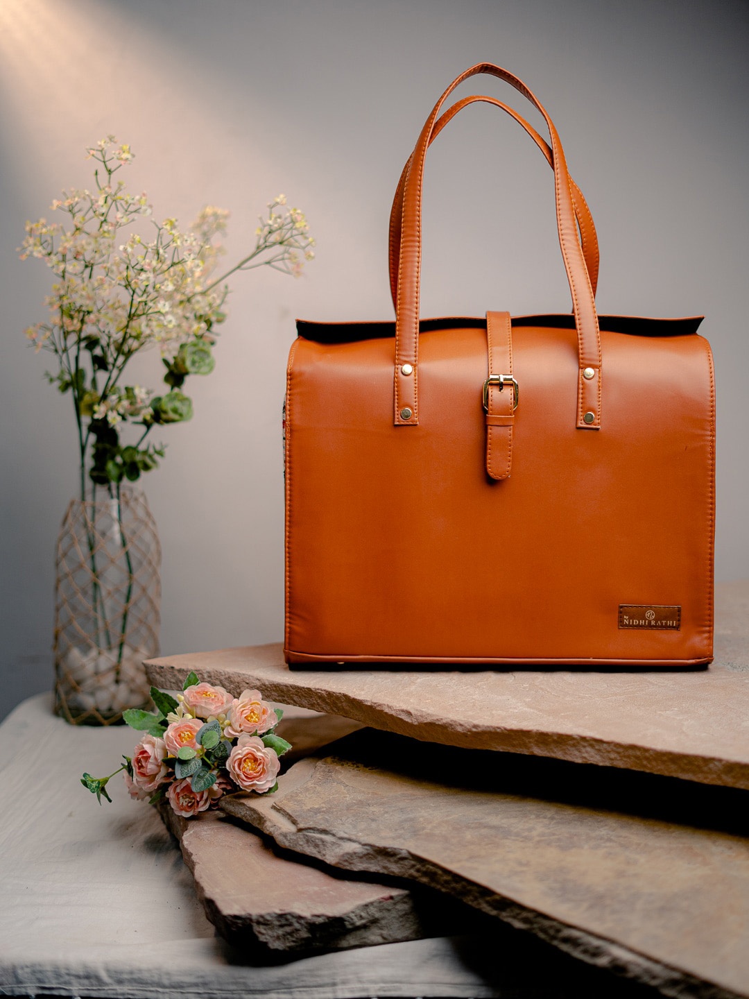 

NR By Nidhi Rathi Structured Shoulder Bag with Buckle Detail, Tan