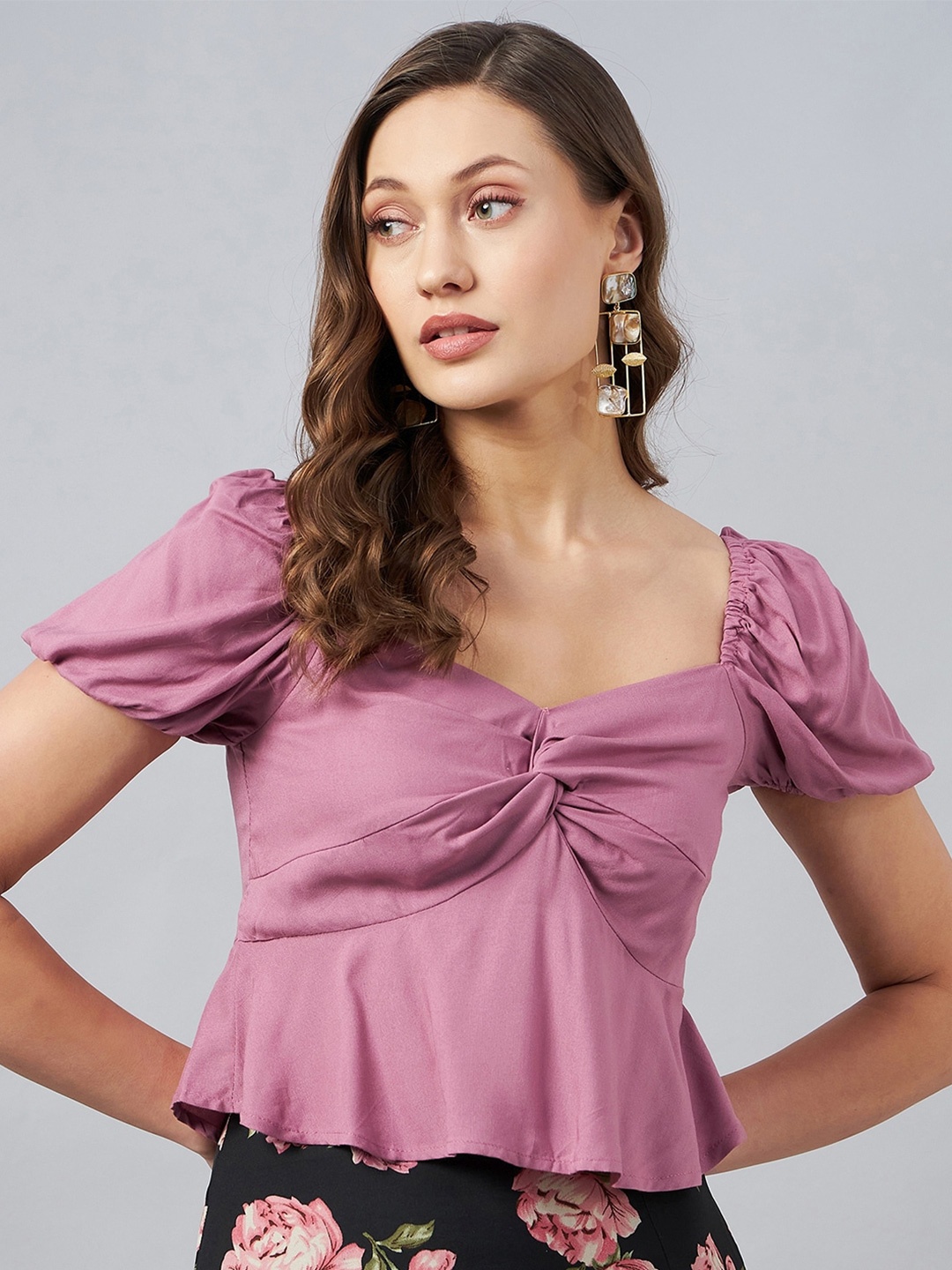 

RARE Sweetheart Neck Twisted Peplum Crop Top, Mauve