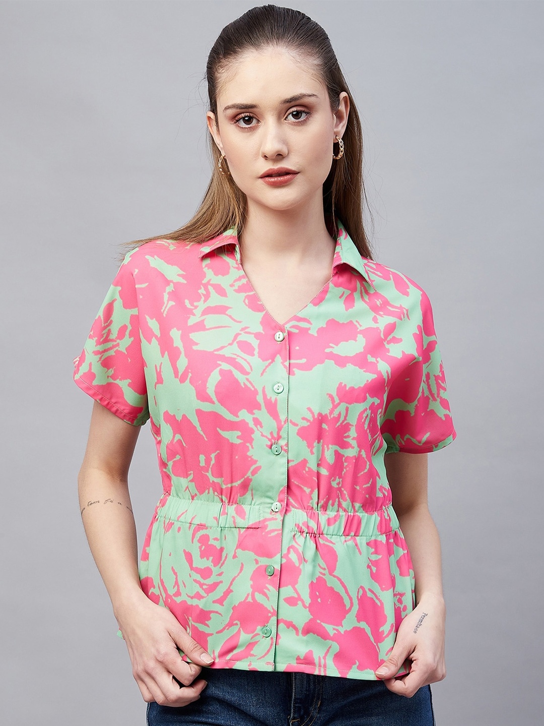 

RARE Abstract Print Georgette Shirt Style Top, Green