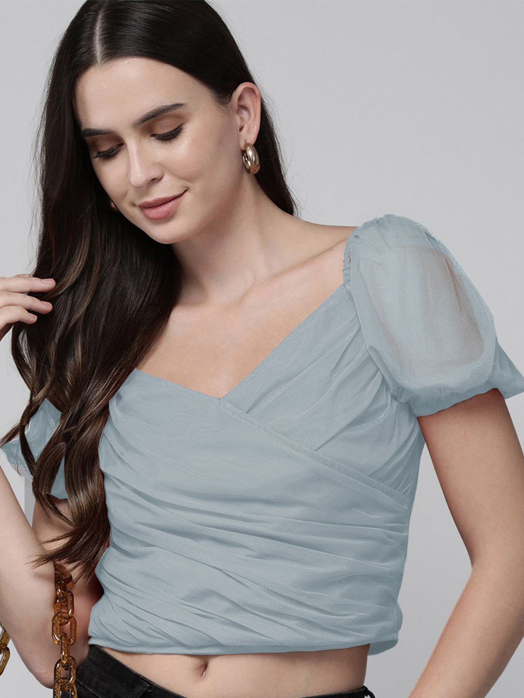 

RARE Puff Sleeves Wrap Crop Top, Blue