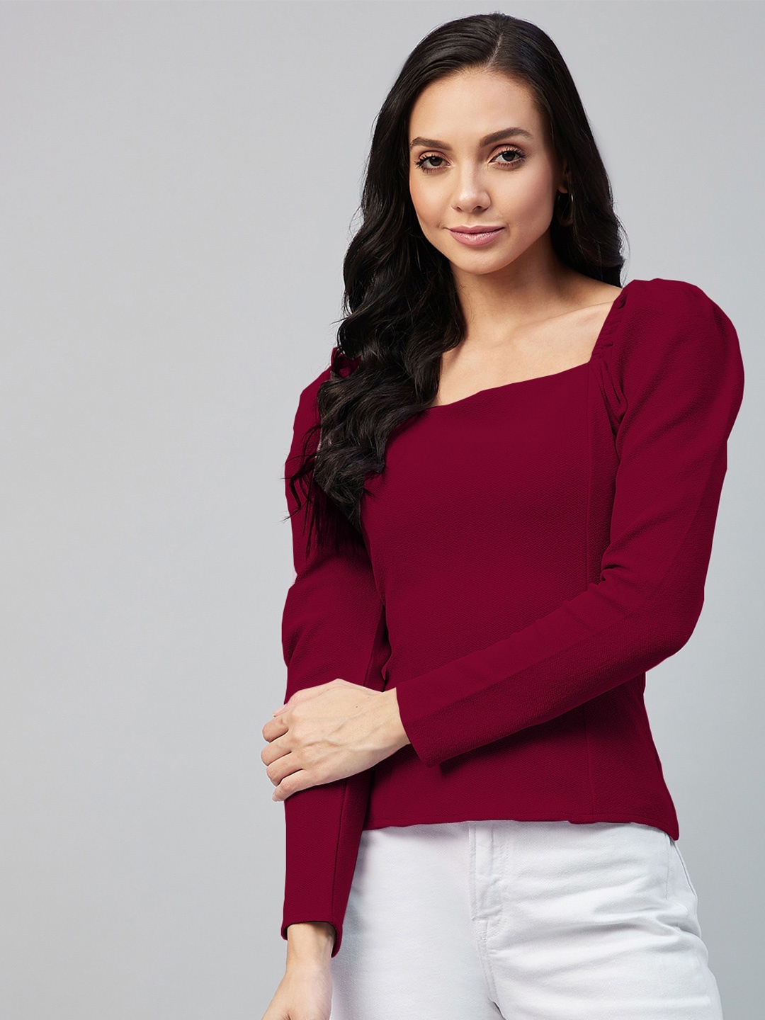 

RARE Square Neck Puff Sleeves Top, Maroon
