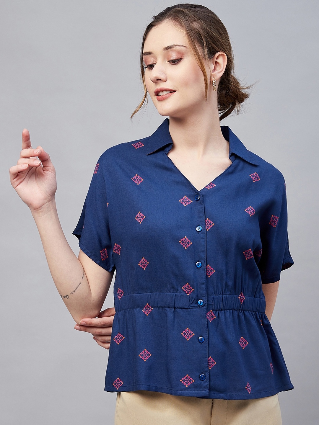 

RARE Ethnic Motifs Printed Shirt Style Top, Blue