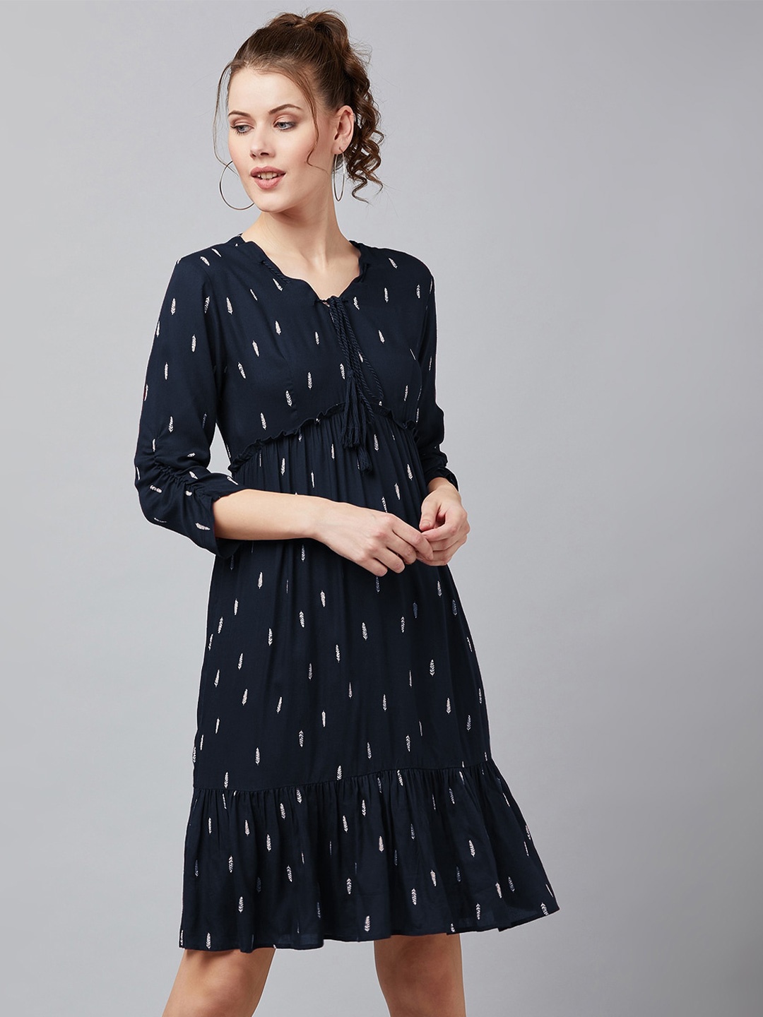 

RARE Geometric Printed Gathered Or Pleated Tie-Up Neck Empire Dress, Navy blue