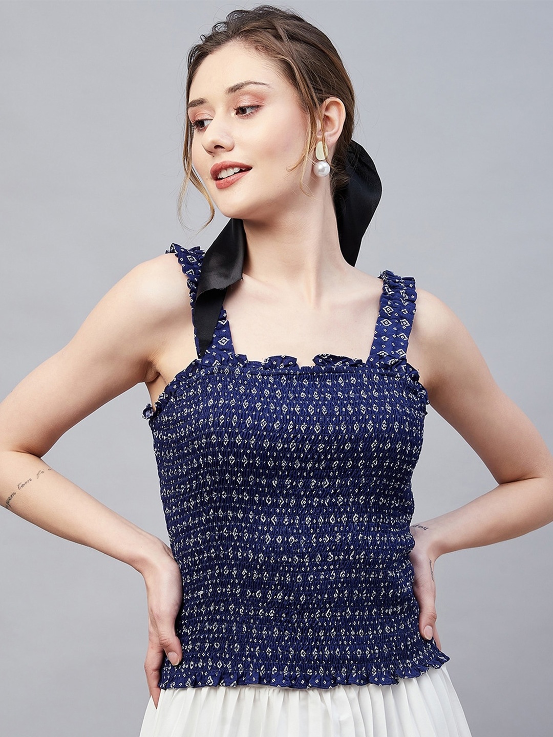 

RARE Geometric Printed Smocked Top, Blue