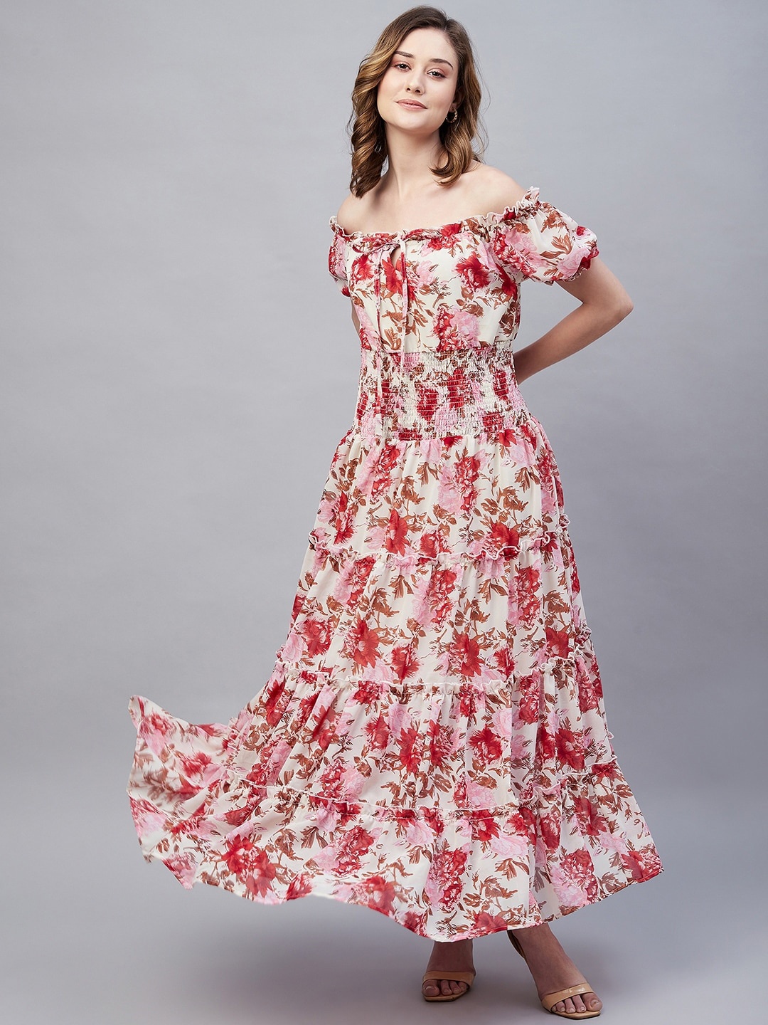 

RARE Floral Printed Off-Shoulder Tiered Smocked Maxi Dress, Beige