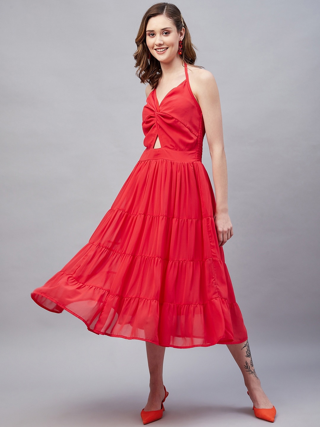 

RARE Halter Neck Twisted Tiered Midi Dress, Red