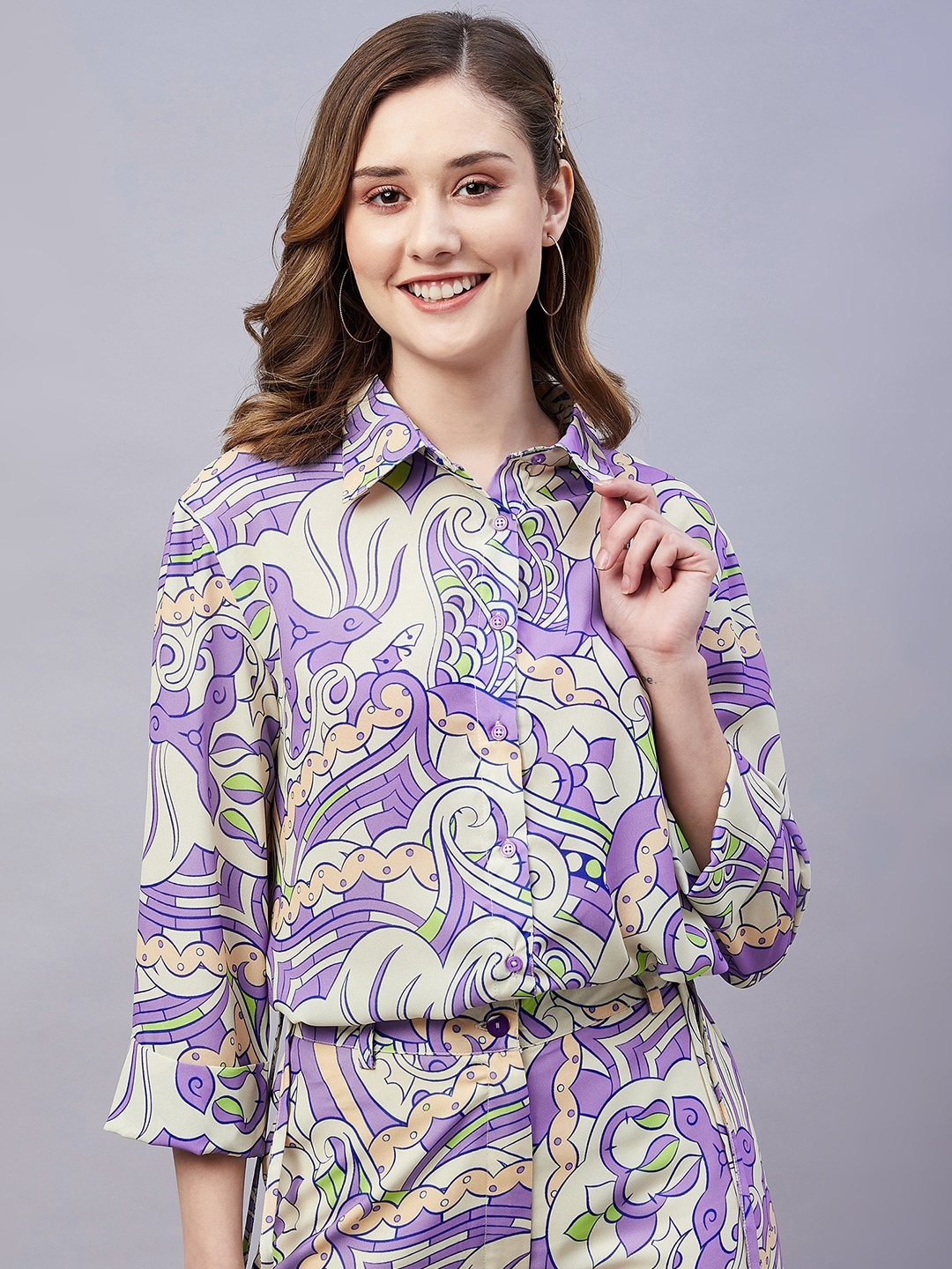 

RARE Shirt Collar Printed Shirt Style Top, Purple