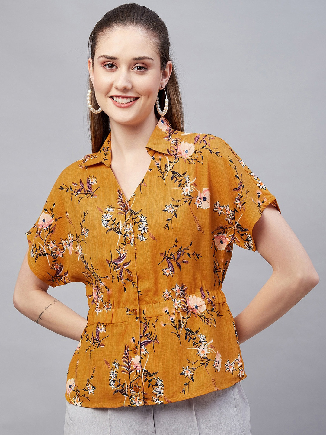 

RARE Floral Print Extended Sleeves Cinched Waist Top, Mustard