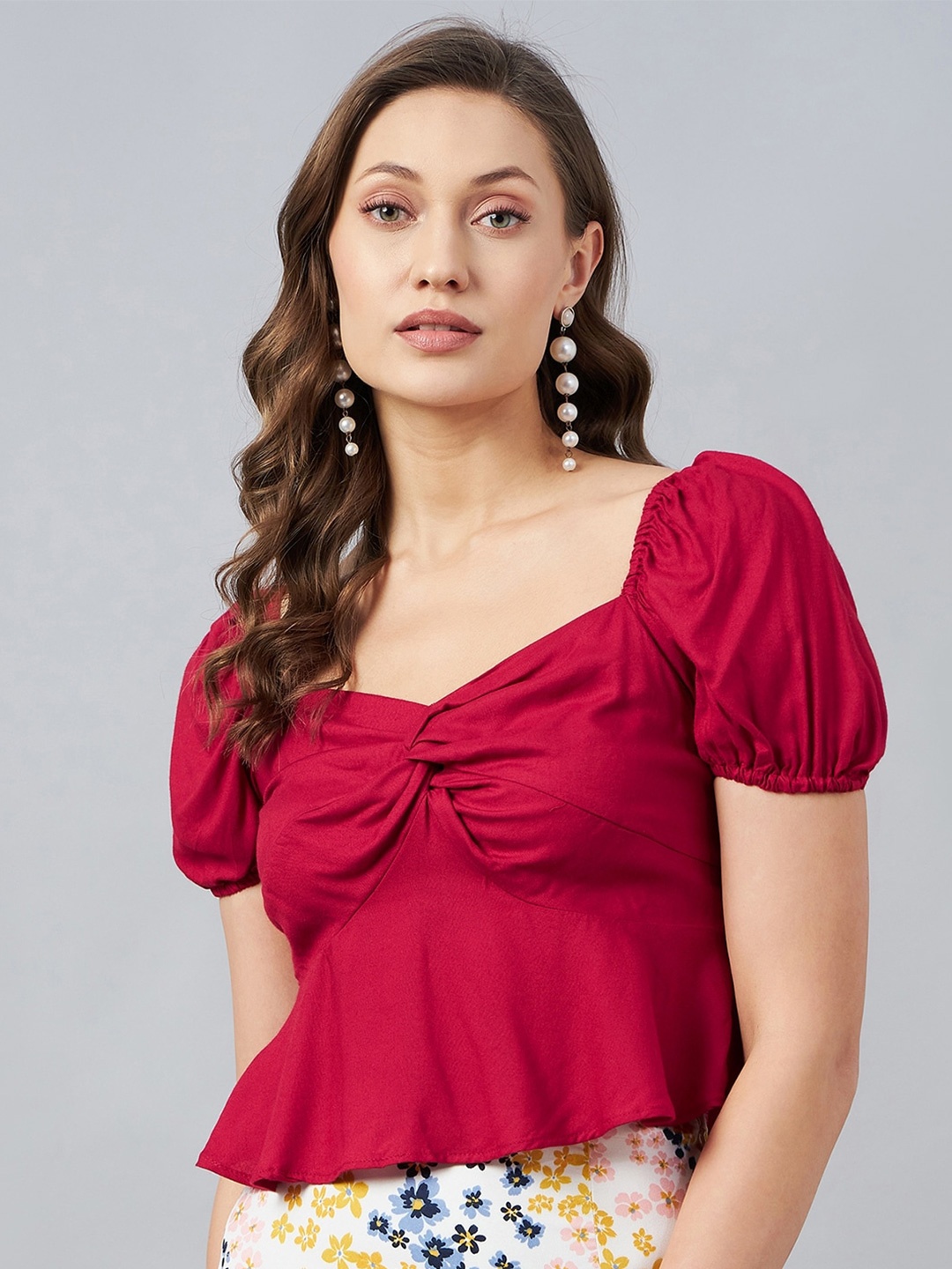 

RARE Sweetheart Neck Twisted Peplum Crop Top, Maroon