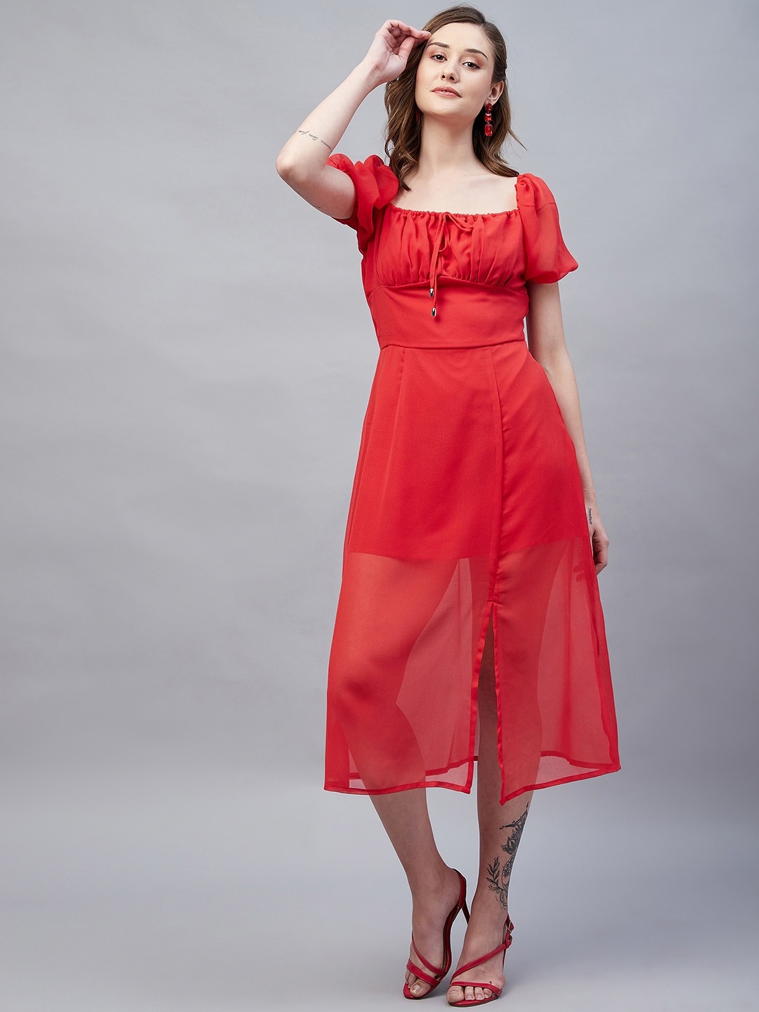 

RARE Georgette A-Line Puff Sleeves Slit Midi Dress, Red