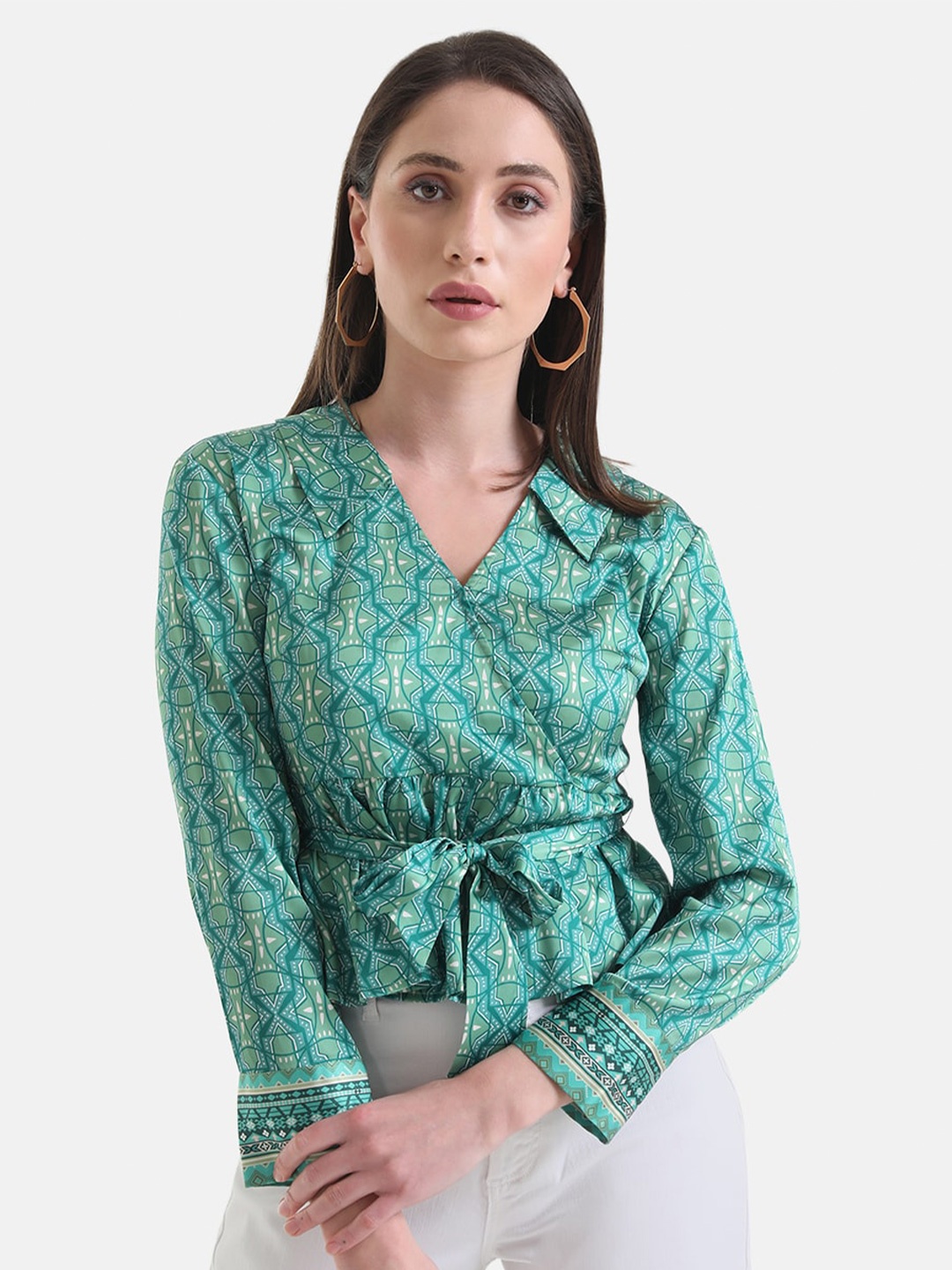 

Kazo Shirt Collar Printed Wrap Top, Green