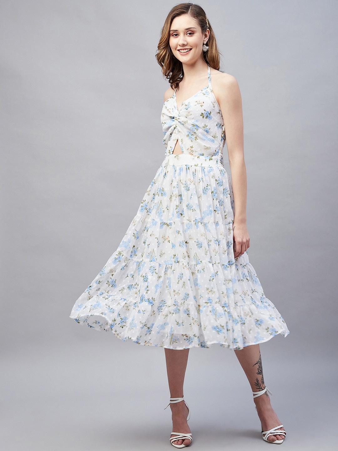 

Marie Claire Floral Printed Smocked Chiffon Midi Dress, Off white