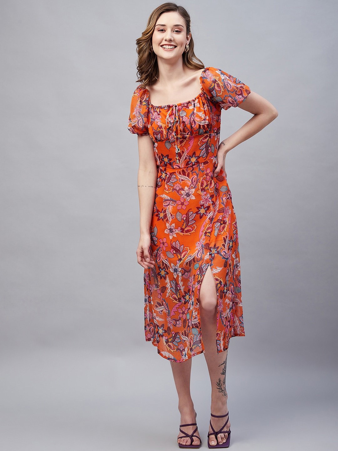 

Marie Claire Floral Printed Tie-up Neck Chiffon A-Line Midi Dress, Orange
