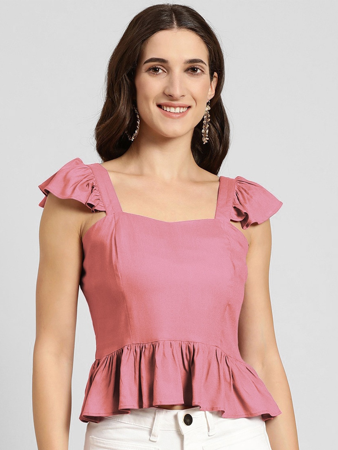 

Marie Claire Square Neck Flutter Sleeves Peplum Top, Pink