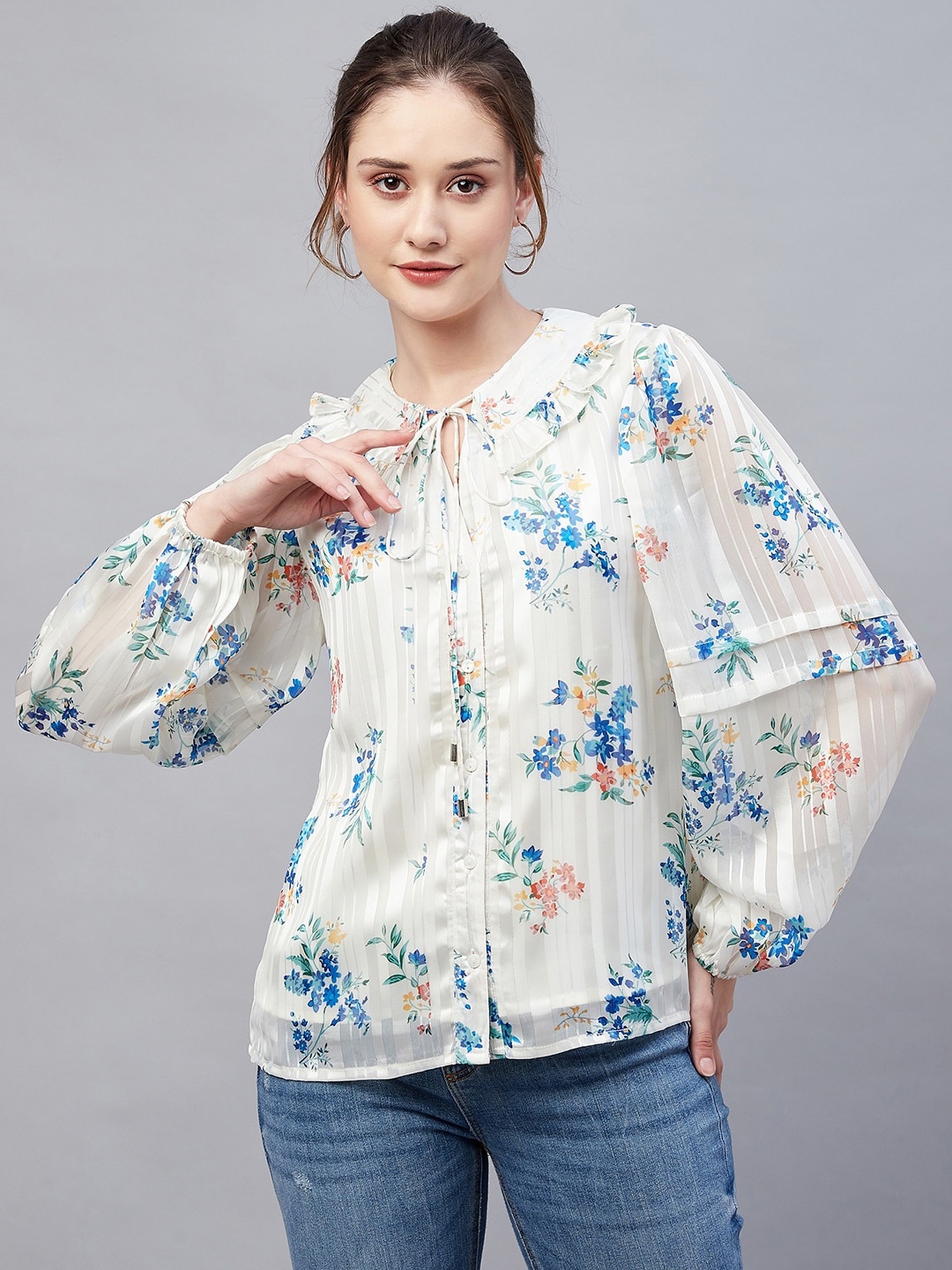 

Marie Claire Floral Printed Tie-Up Neck Ruffles Puff Sleeves Top, White