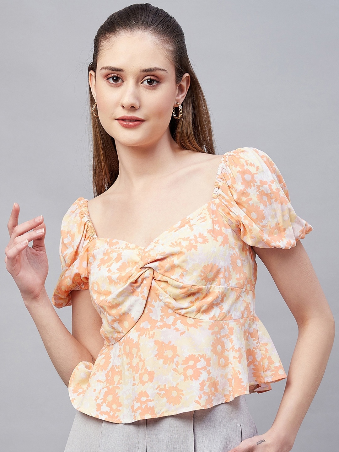 

Marie Claire Floral Printed Sweetheart Neck Twisted Peplum Top, Off white