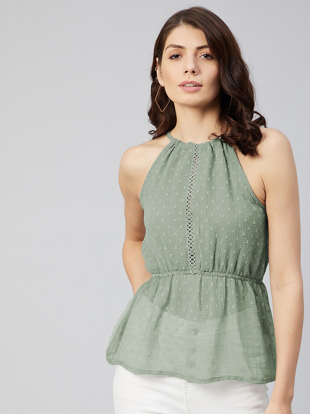 

Marie Claire Self Design Halter Neck Cinched Waist Top, Green