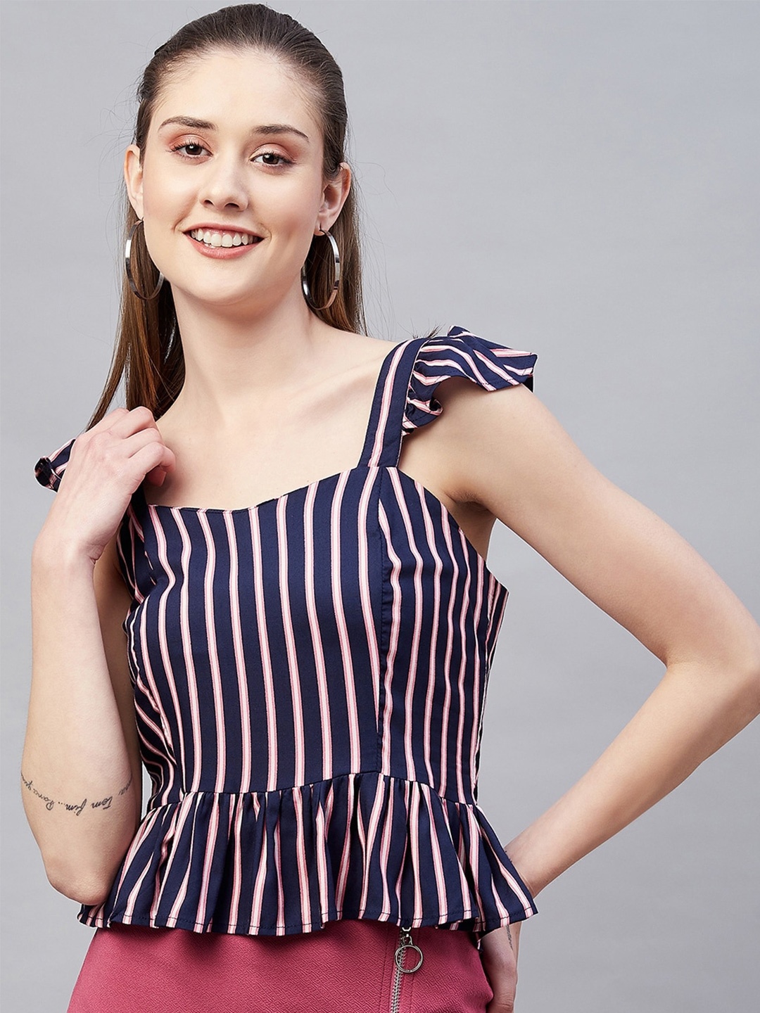 

Marie Claire Shoulder Straps Vertical Striped Smocked Crepe Peplum Top, Blue